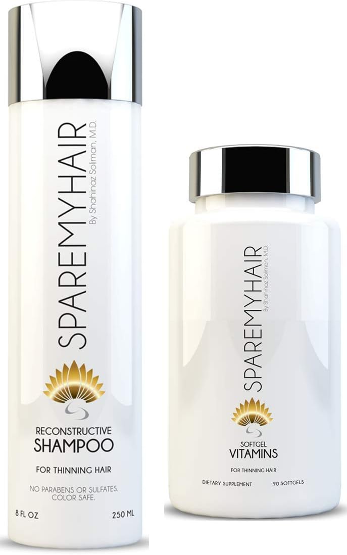 Spare My Hair Shampoo 8oz & Vitamins Soft Gel 90 Caps, for Hair Growth with Biotin, Yucca Extract, Horsetail, Saw Palmetto, Jojoba, Multi-Vitamins, Natural Oils & Keratin Protein for Healthy Hair