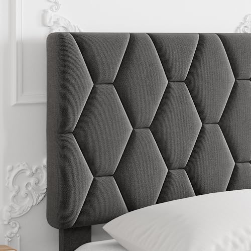 GAOMON Grey King Upholstered Bed Frame with Headboard, Heavy-Duty Platform Bed Frame with Strong Wood Slats, No Box Spring Needed/Easy Assembly/Noise Free