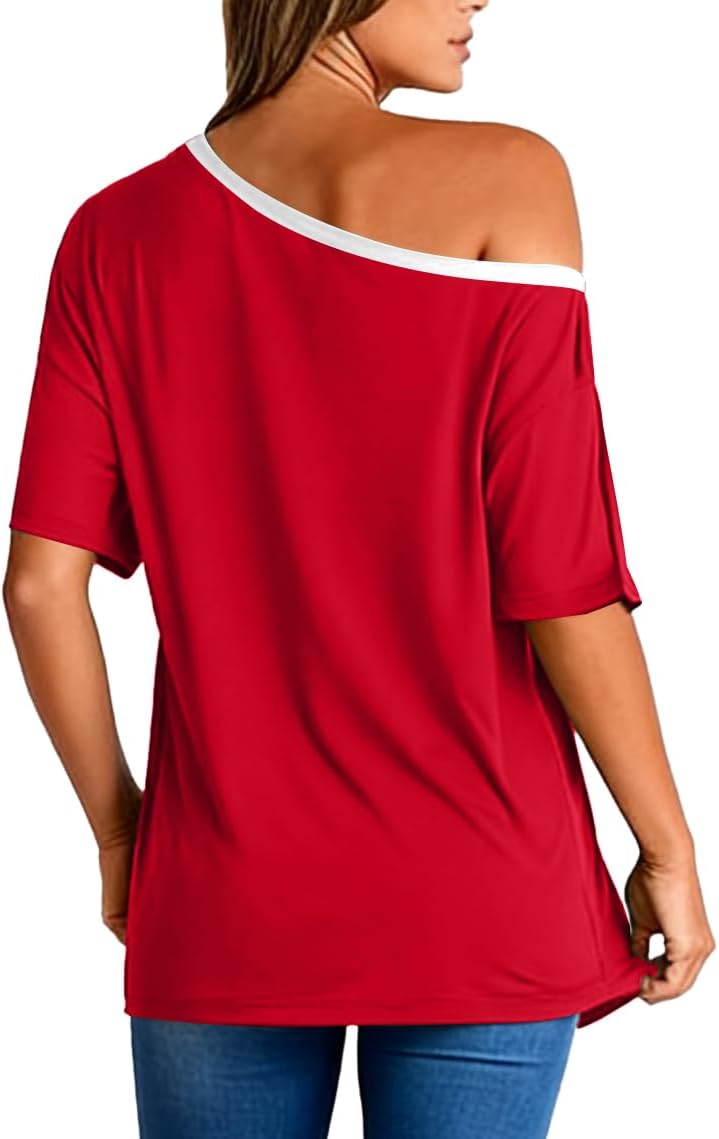 LEEDYA Off The Shoulder Tops for Women Summer Sexy Oversized T-Shirts Short Sleeve Color Block Casual Batwing Tunic Top - Image 3