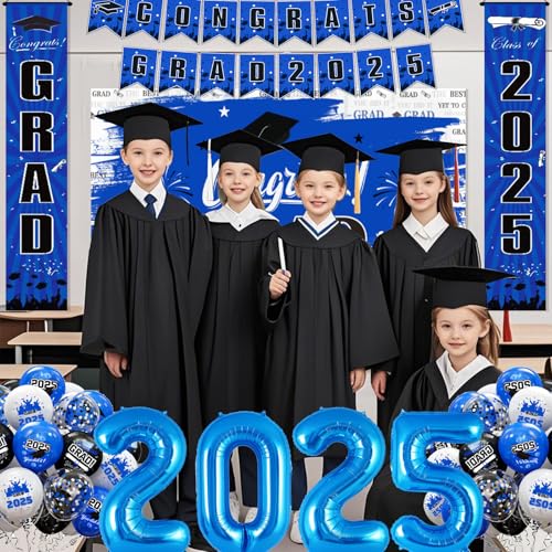 Image of Blue Graduation Decorations 2025, Grad Party Decorations, Class of 2025 Backdrop, Banner, Balloons and Porch Sign for High School & College Celebrations