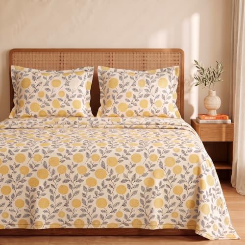 Image of BSB HOME 240 TC Cotton Double Bedsheet with 2 Pillow Covers, Soft & Breathable Floral Print Bed Sheet, Fade Resistant, Easy Care Bedding Set, 90 x 100 Inches (228 x 254 cm)- Ochre & Charcoal Botanical