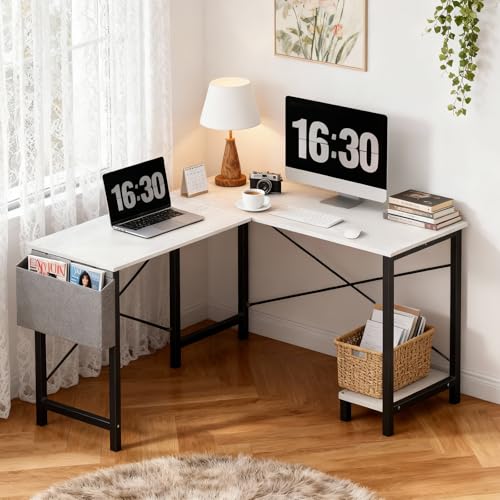 Image of OLIXIS L Shaped Desk, 50-Inch Office Computer Gaming Desks Corner PC Table with Side Bag and Reversible Shelf for Home Work Study Writing White