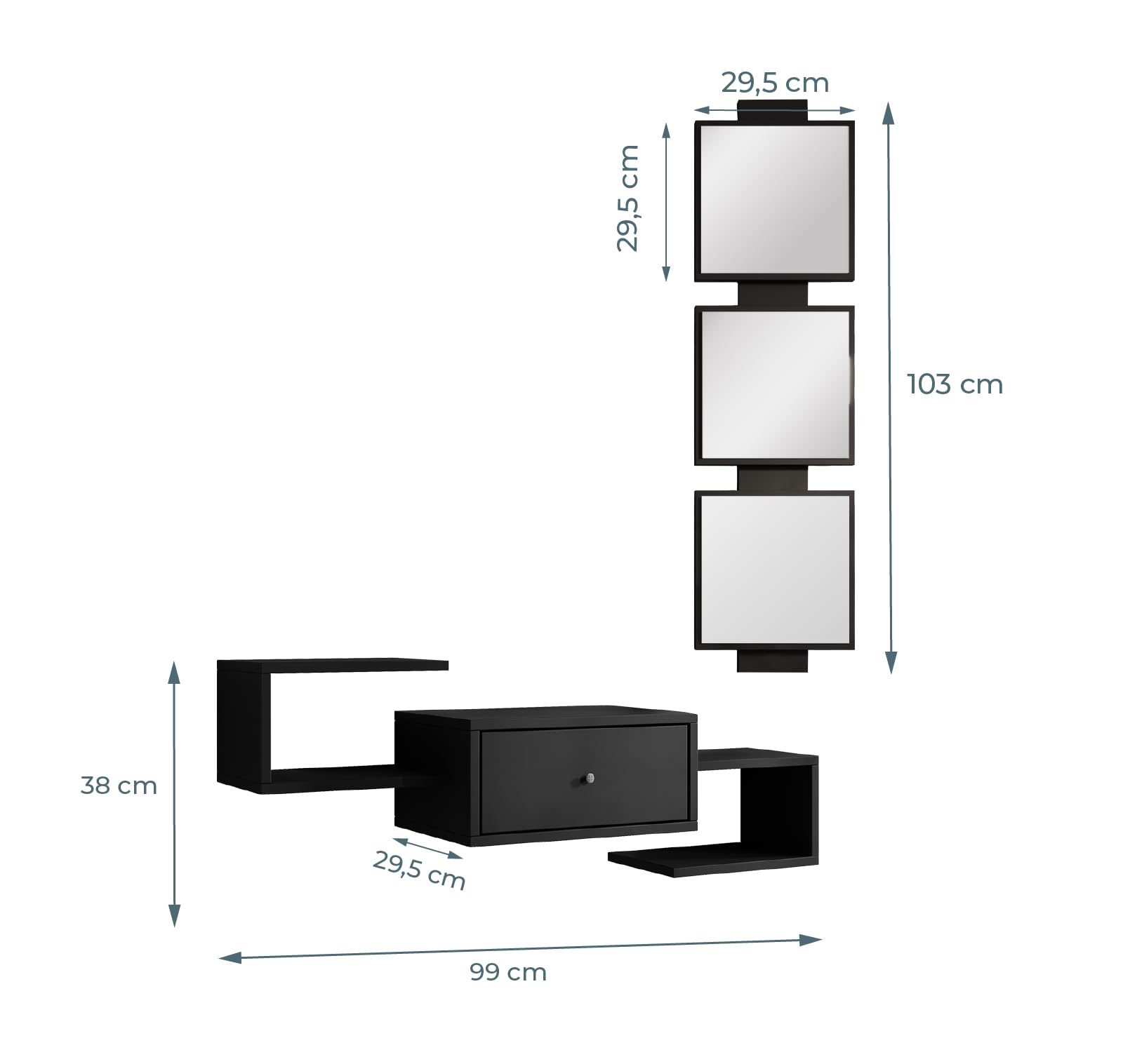 MB Muebles Bonitos, Meuble d’Entrée Mural Neo avec Miroir et Tiroir, Design Moderne Suspendu, Mélamine Mate, Couleur Noir, 99.5x145x29.5 cm