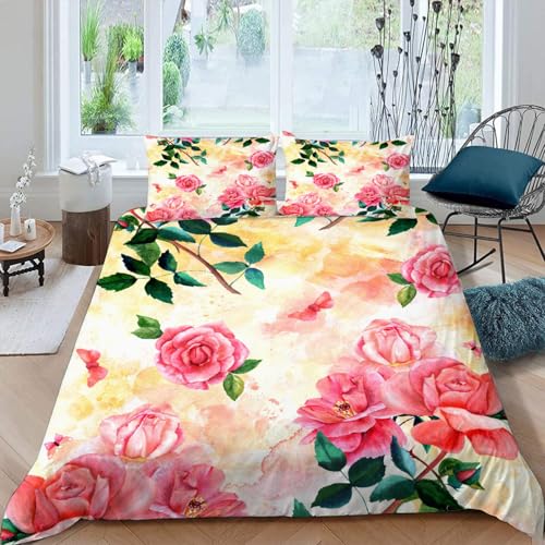 MOXINO 3D Fleurs Housse de Couette 140x200cm 1 Personne avec Fermeture Éclair 100% Microfibre Parure Doux Fleurs Parure de Lit avec 2 Taie d'oreiller 50x75（Motif 88-19）