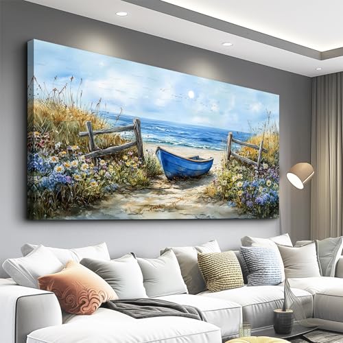 ZUITINGHUA Large Wall Decor For Living Room Canvas Wall Art For Office Modern Wall Decorations For Bedroom Boat Landscape Painting Seaside Pictures Artwork Room Home Decor 24x48 In