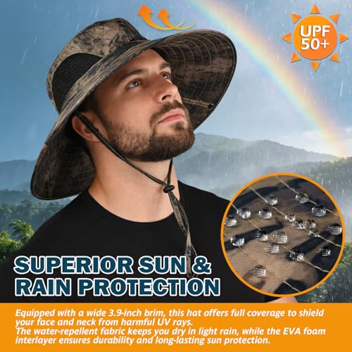 Image of Wide Brim Sun Bucket Hat, Waterproof Boonie Hat for Men & Women | UPF 50+ UV Protection, Adjustable Fit, Chin Strap & Sweatband, Foldable Durable for Fishing Hiking Garden Beach