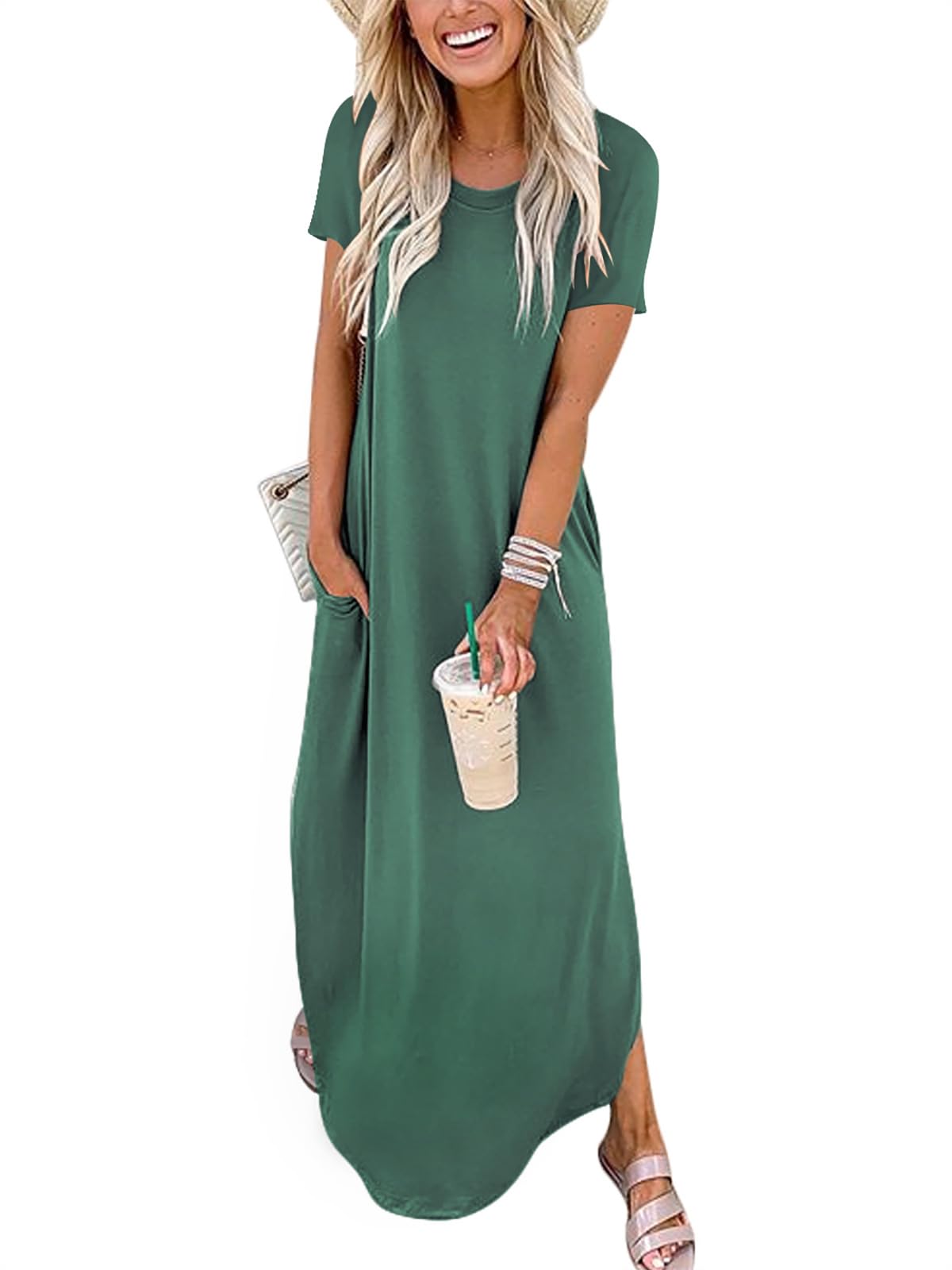 ANRABESS Womens Summer Maxi Dress Short Sleeve Casual Loose Long T Shirt Dresses Split Vacation Beach Sundress Travel Outfits