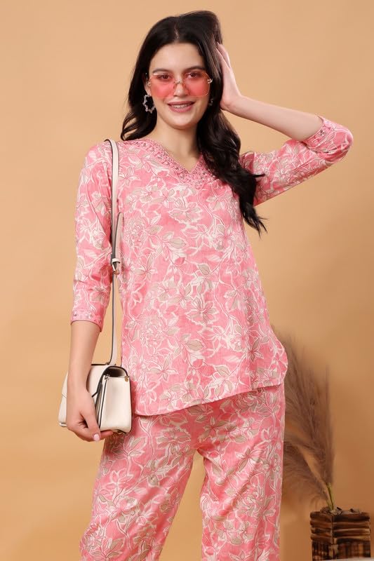 Image of London Hills Women Printed Kurta with Pant Salwar Suit Set || Plazo Kurti Cotton Set