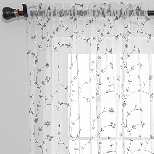 H.ebony Embroidered Grey Sheer Curtains 84 Inches Long For Bedroom, Rod Pocket Floral Embroidery Voile Semi Sheer Curtain Panels For Living Room, 2 Pieces, Grey On White #TOP1
