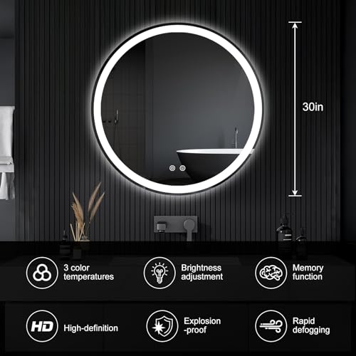 Image of NEWBULIG 24 inch LED Bathroom Mirror Round Vanity Mirror with Lights | Anti-Fog, Dimmable, 3 Color Temperature, Memory Function Led Wall Mirrors for Bathroom, Vanity