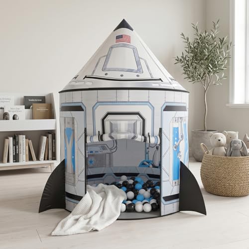Image of PigPigPen Rocket Ship Tent for Kids: Instant Indoor Outdoor Space Playhouse for Toddlers - Astronaut Adventure Kids Camping Tent - for Boys Girls Space Decor & Outdoor Play