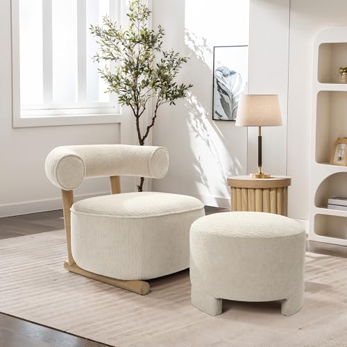 Sillón moderno de terciopelo crema con base de madera miniatura 3