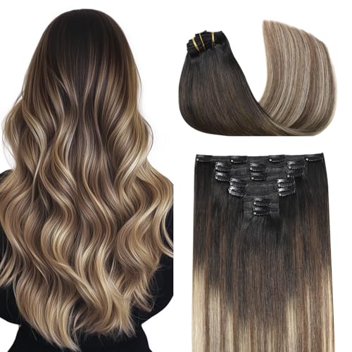 Image of COOKAYU Clip in Hair Extensions Human Hair, 1B /4 /27 Natural Black to Medium Brown and Caramel Blonde Real Hair Extensions Clip in Human Hair Thick Silky Straight Extension, 16inch 120g 7Pcs