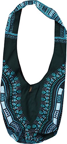 RaanPahMuang Brand Two Colour Reversible African Dashiki Sling Cotton Carry Bag, Large, Dark Green - Black Orange