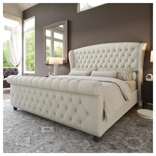 AMERLIFE California King Size Platform Bed Frame, Velvet Upholstered Sleigh Bed with Scroll Wingback Headboard & Footboard/Button Tufted/No Box Spring Required/Cream