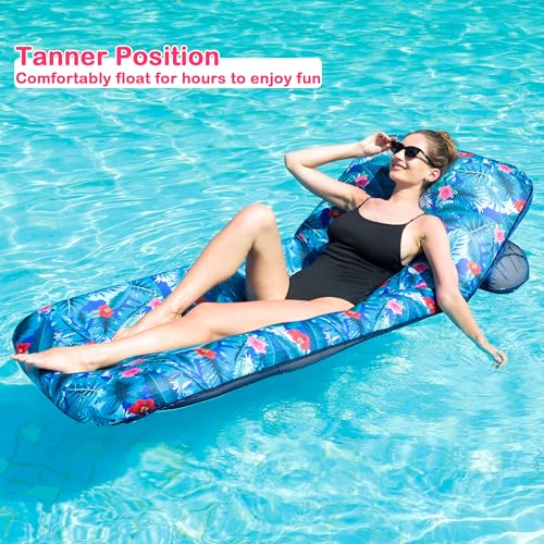 FindUWill Inflatable Pool Float Lounger - Fabric Pool Float with Cup Holder, Backrest, Swimming Water Floaties Pool Raft for Adults (Tropical Blue) - Thumbnail 4