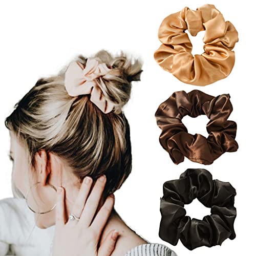 Image of SANNIDHI 3 Pcs Satin Scrunchies for Women, Soft Silk Hair Bands with High-Elastic Core, Non-Slip Hair Ties for All Hair Types Comfortable, Stylish Wrist & Hair Accessories (Beige /Brown /Black)