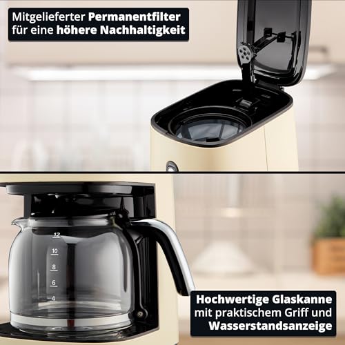 KHG Retro Filter-Kaffeemaschine KA-185 CE in creme aus Edelstahl/Kunststoff, Kapazität für 12 Tassen, 1,5 Liter Glaskanne mit Wasserstandsanzeige, Permanentfilter, Tropfstopp – Bild 5