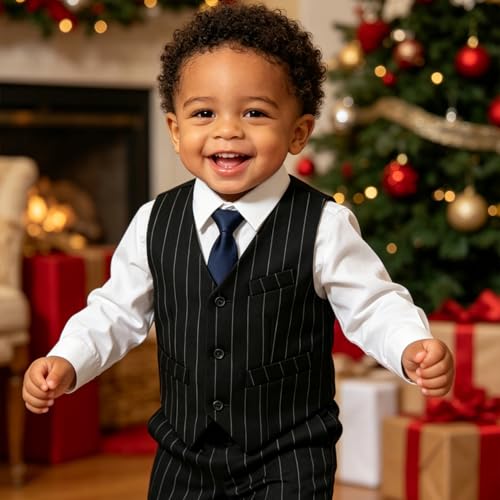 Image of Baby Boy Formal Suit for Toddler Infant Tuxedo Dress Suits | Little Gentleman, Wedding Ring Bearer Outfit, Vest Pants Long-Sleeve Shirt Tie, Birthday Party Christmas Prom, Classic