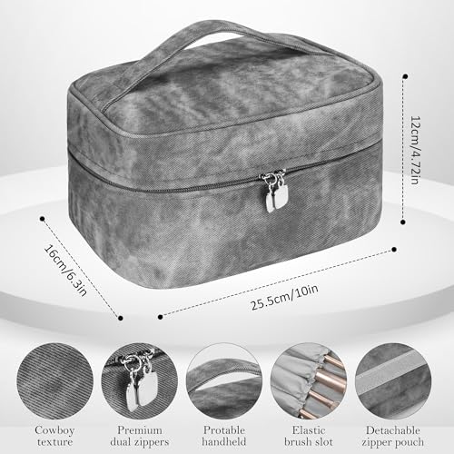 Makeup Bag, Portable Cosmetic Bag, Large Capacity Travel Makeup Case Organizer,Stylish Denim-Look Toiletry Bag for Women Girls With Handle and Removable Pouch3