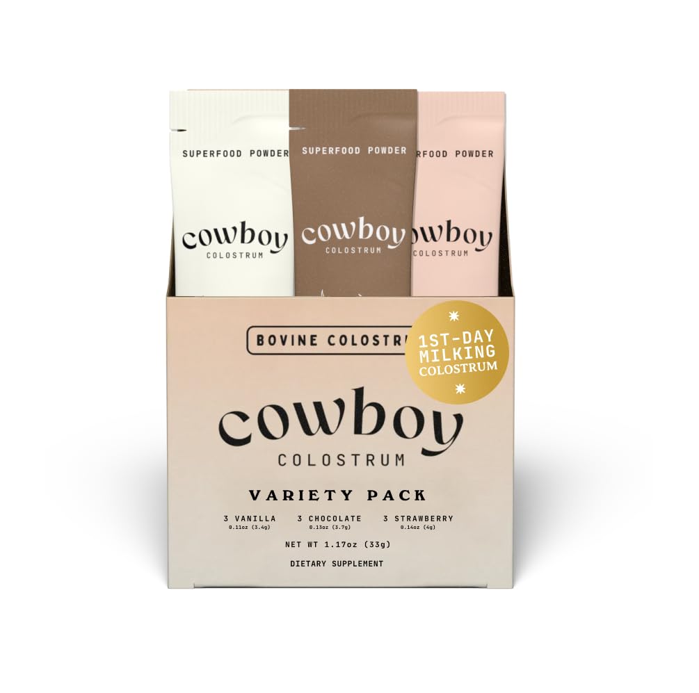 Cowboy - The Exclusive 1st Milking, Whole, Grass Fed Colostrum Supplement for Full Body Health - Bovine Colostrum Powder Packed w/Bioactive Nutrients (9 Travel Packs - Vanilla, Chocolate, Strawberry) Multi-colored