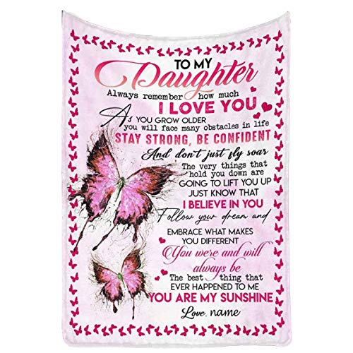 Custom Name Blanket Love Letter to My Daughter from Mom & Dad, Always Remember How Much I Love You Butterfly Personalized Gift Fleece Throw Blanket for Bed Couch 40 x 50 Inches