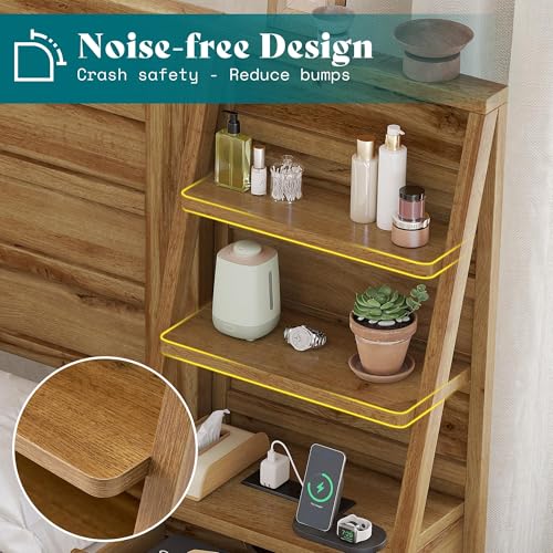 Image of AMERLIFE Full Bed Frame with Wide Headboard and 4-Tier Bookshelves, Farmhouse Platform Bed with Charging Station & 2 Drawers, Noise-Free, No Box Spring Needed, Natural Oak