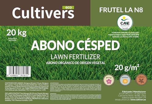 CULTIVERS Abono Césped Ecológico de 20 Kg (1000 m²) Fertilizante de Origen Vegetal 100% Orgánico y Vegano Granulado de Liberación Lenta y Controlada con NPK 8-1-5+74% M.O. y Ác. Húmicos
