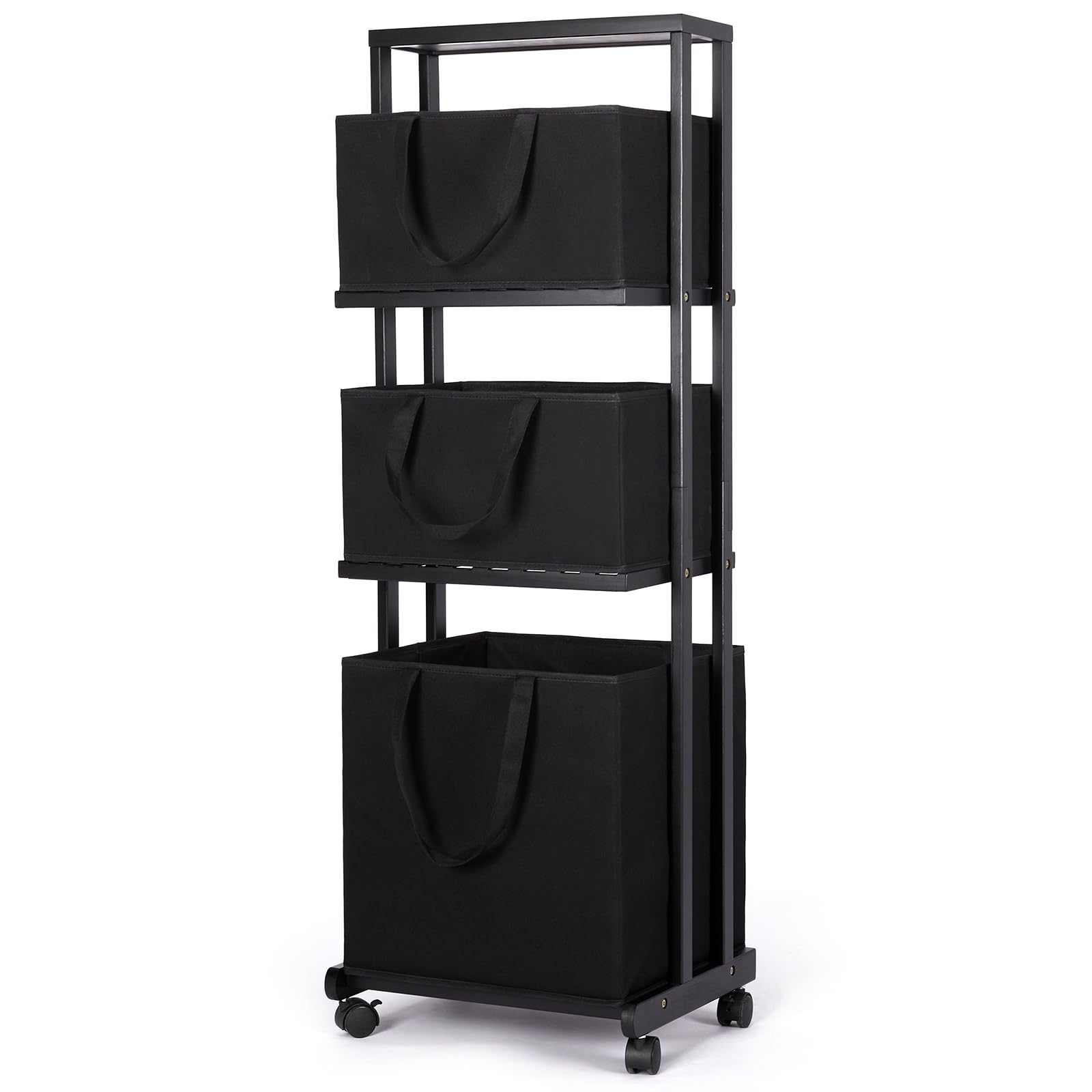 Yorbay Cestos para la Colada，Estantería de Baño en Bambú con Ruedas, 121x42x34cm, Para Ropa Sucia, Armario con Cesta para Organización de Colada (Negro)