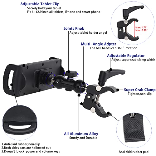 Itodos Tablet Holder For Spin Bike, Stroller,Treadmill,Golf Cart, Wheelchair,Stationary Bike,Microphone Stand, Adjustable 7~12.9" Tablet Clip Fits Ipad/Samsung Galaxytab/Google Nexus/E-Reader/Iphone #TOP2