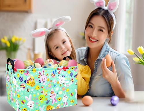 Image of Large Rectangular Easter Baskets Empty Waterproof Boy Toy Box Foldable Kid's Gifts Storage Bin Spring Room Decor(Green Dancing Rabbit)