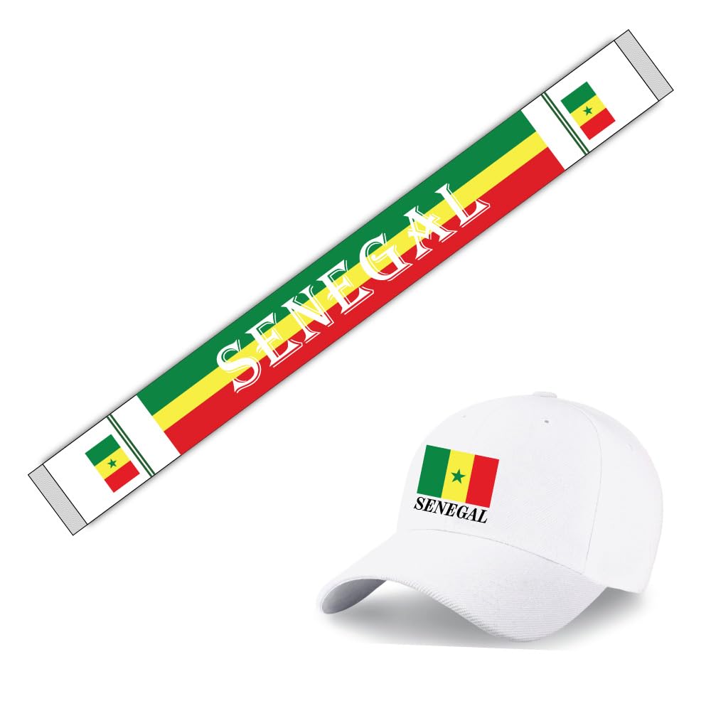 Senegal Sports Combo Pack - Gifts for Sports Fan - Cap - Scarf - Flag - Flag Pin - Drawstring Bag