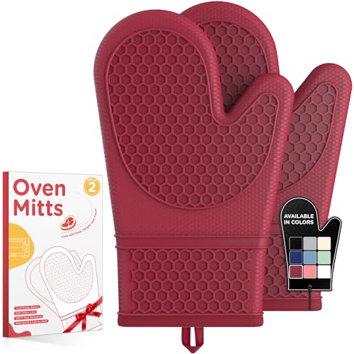 Kitsure Silicone Oven Mitts, Set of 2, Heat Resistant, Oven Gloves with Soft Lining, Non-Slip Kitchen Essentials, Kitchen Gadgets, Apartment Essentials, Great Gift for Cooking, Baking, Red
