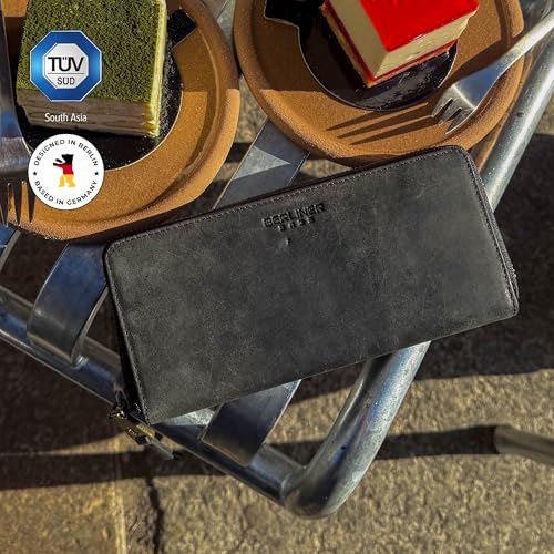 BERLINER BAGS Vintage Genuine Leather Wallet Palma, RFID Blocking Credit Card Holder, Slim Womens Wallet, Zip Around Wallet for 14 Cards, Bills, Coins, ID Window - Dark Grey3