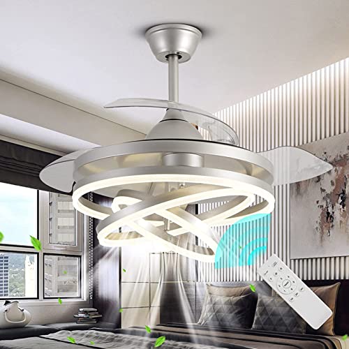 Ventilateur de lustre suspendu blanc au design moderne en anneaux avec LED rétractables