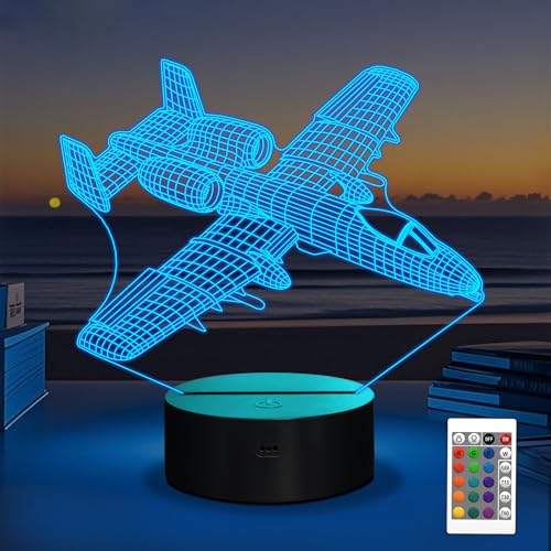 OkiyiD Airplane Model Gifts for Boys Men Pilot,16 Colors Airplane Night Light for Aviation Lovers Room Decor, A10 Warthog Plane 3D Illusion Lamp for Kids Xmas Gifts