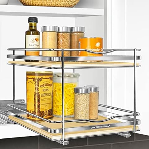 Lynk Professional® Élite™ Pull Out Spice Rack Organizer for Cabinet - Slide Out Vertical Spice Rack, 10-1/4 inch Wide, Wood and Chrome Sliding Spice Organizer Shelf - Double Cover