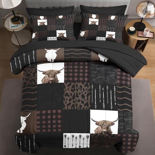 WeCozy 7 Pcs King Size Comforter Set with 2 Pillowcases & 2 Shams, Highland Cow Animal Bedding for Kids and Adults, Brown Farm Vintage Print Bed in a Bag with Flat Fitted Sheet