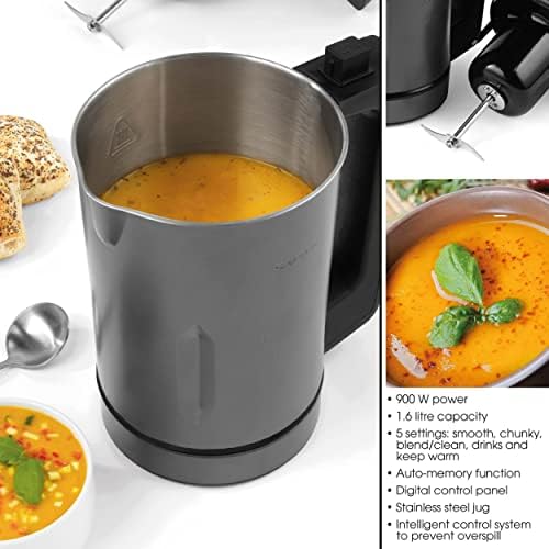 Salter EK5118GUNMETALV2 Soup Maker, 1.6 Litre Capacity, 5 in-Built Settings, Auto Memory-Function, Includes Stainless Steel Jug, 900W Power, Digital Control System, Prevents Overspill, Grey, Aluminium