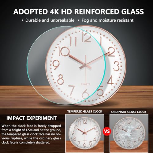 Image of Modern Silent Wall Clock, 14 Inch Wall Clocks Battery Operated | Large Number, Non-Ticking Analog Clock with Tempered Glass Quartz Clocks for Living Room Bedroom Office Kitchen, Rose Gold