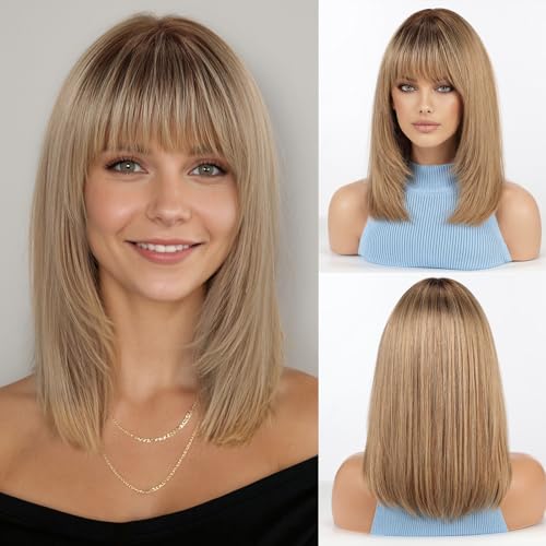 Image of RSY 14 Inch Ombre Ash Blonde Straight and Layered Real Human Hair Wigs for Women with Bangs