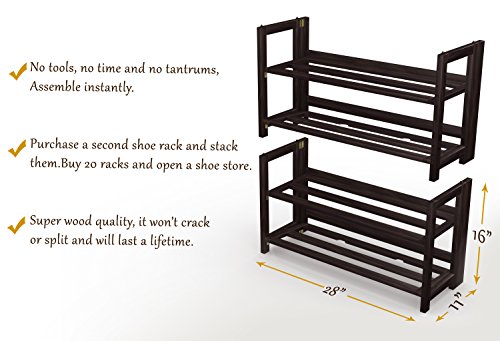Stony-Edge No Assembly Folding Shoe Rack Organizer, 2 Shelves, Home Shoe Storage Bench, Quality Furniture. Espresso Color. 28” Wide.