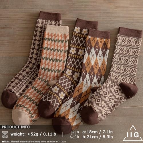 Image of IIG 3-5 Pairs Womens Vintage Cozy Crew Socks Soft Cute Neutral Cotton Socks Exquisite Patterns Socks Gift