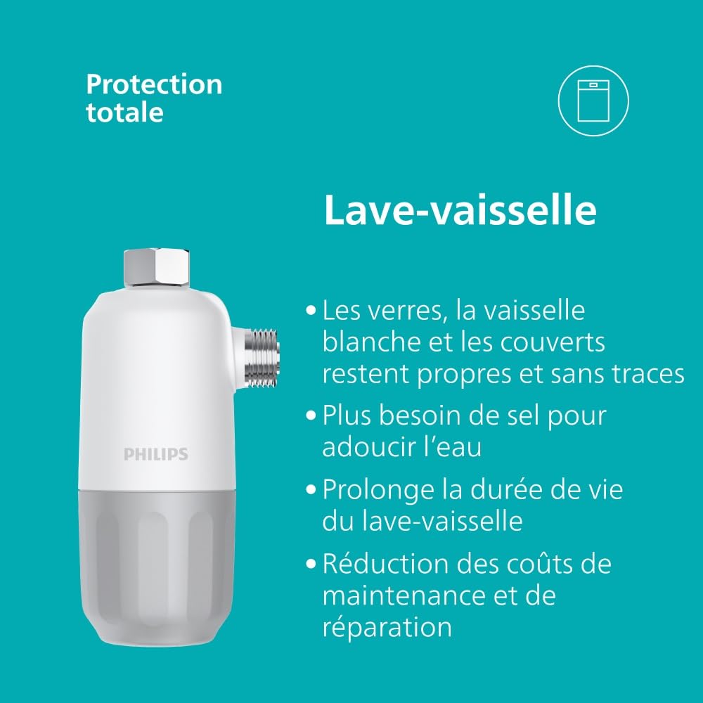 Inhibiteur de calcaire Philips Water, filtration en 3 étapes, capacité de filtration de 27 000 litres, protège votre lave-linge, votre lave-vaisselle et votre chauffe-eau