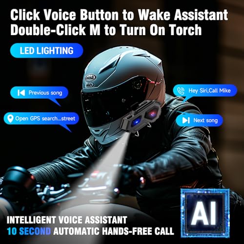 Image of EDYELL Motorcycle Bluetooth Headset,C8 Motorcycle Helmet Speakers with 2 Type Mics,Connects Two Mobile Phones,LED Emergency Lights,HiFi Stereo Calls,IPX6 Waterproof,Compatible with All Helmets