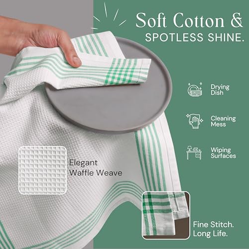 Image of Waffle White & Dark Green Kitchen Towels 4 Pack, 100% Cotton, 16x26 inches, Super Absorbent Tea Towel for Drying Dishes, Quick Drying Kitchen Cloth Set for Daily Cooking, Cleaning