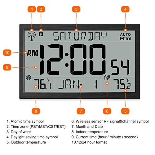 Hodik Wall Clock Atomic - Never Needs Setting - Indoor Outdoor Temperature Wireless, Large 16.5 Inch Lcd Display For Easy Reading, Atomic Desk Clock Wall Clock Self-Setting Battery Powered #TOP1