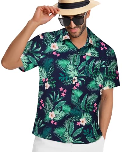 Image of Men Hawaiian Shirt Short Sleeve Summer Beach Button Down Shirts with Pocket