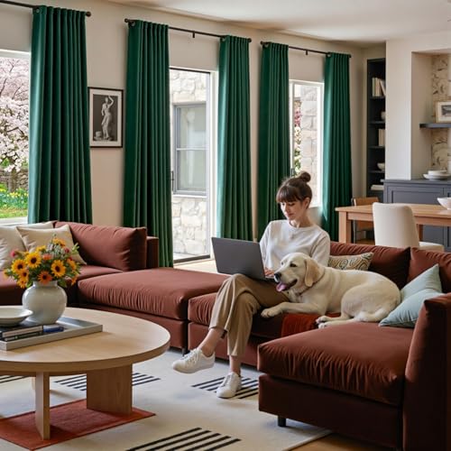 Image of Extra Long Green Velvet Curtains Grommet 52x108 Inch 2 Panels | Soft Velvet, For Tall Windows & High Ceilings, Light Shifting Texture, Elegant Drape, Classic