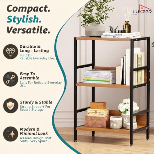 Image of Lukzer 3-Tier Wooden Bedside Table for Bedroom & Multipurpose Open Storage Shelf (MMR-006-Black & Oak Brown) Metal Side Tables for Living Room & Space-Saving Kitchen Organizer Rack (70 x 43 x 30 cm)
